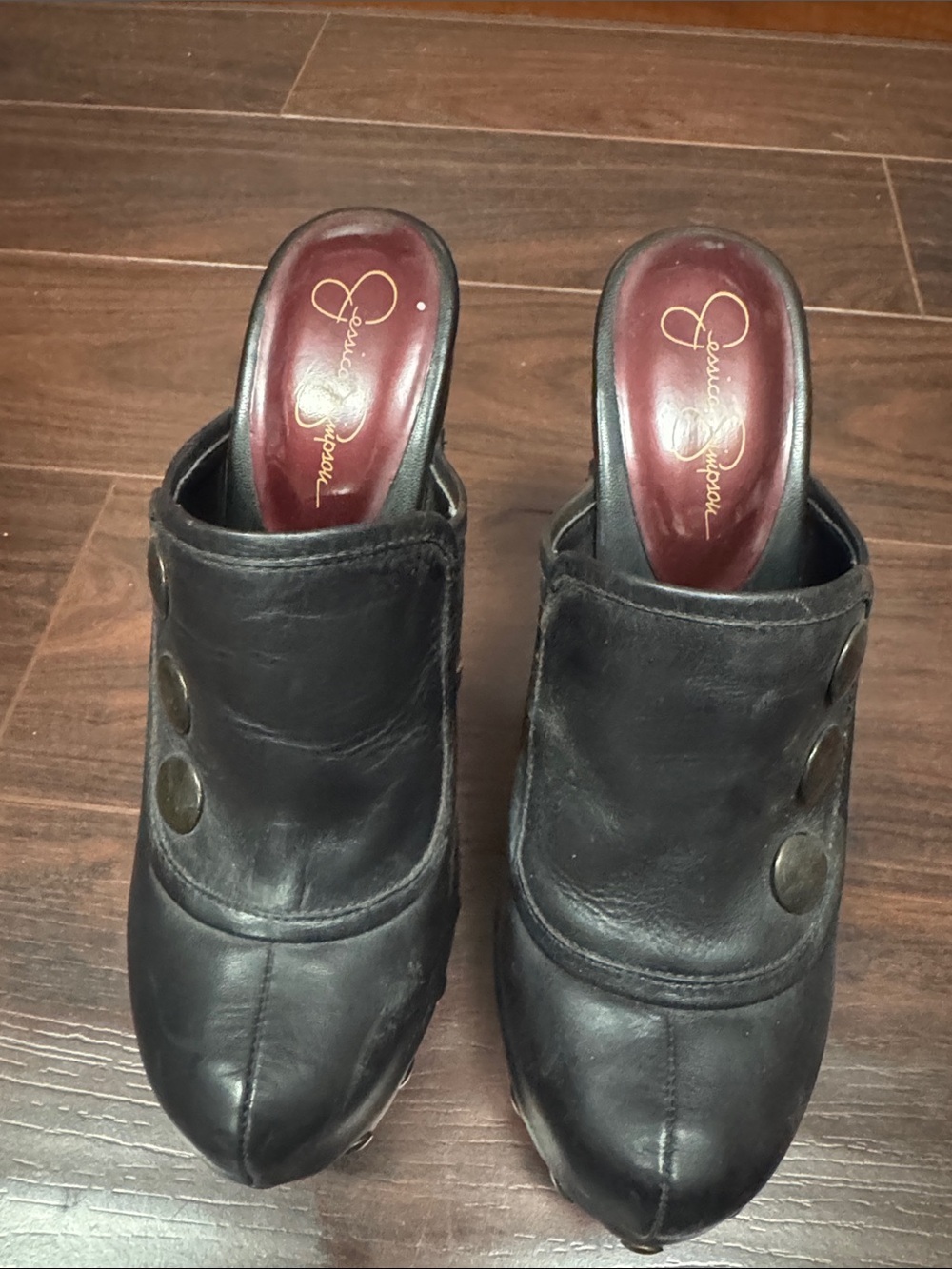 Jessica Simpson Black Leather Slip-On Clog Mules with Button Accents